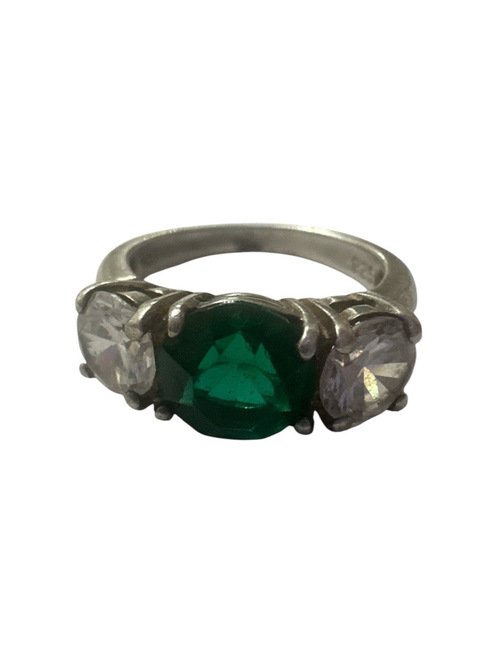 Silver Three-Stone Ring with Emerald Green Center and Clear Side Stones